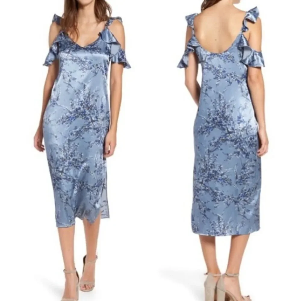 WAYF Quinn Floral Satin Midi Slip Dress Cold Shoulder Side Slit Ruffles Blue S